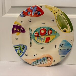 ANTICA FORNACE DINNER PLATE FISH PATTERN MULTICOLOR BLACK LINES ITALY HOME